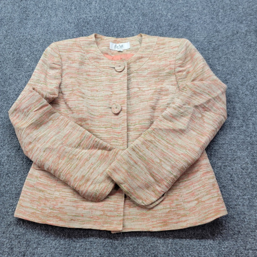 Le Suit Petite Peach Green Linen Cotton Tweed Blazer Jacket 4P WD824B020